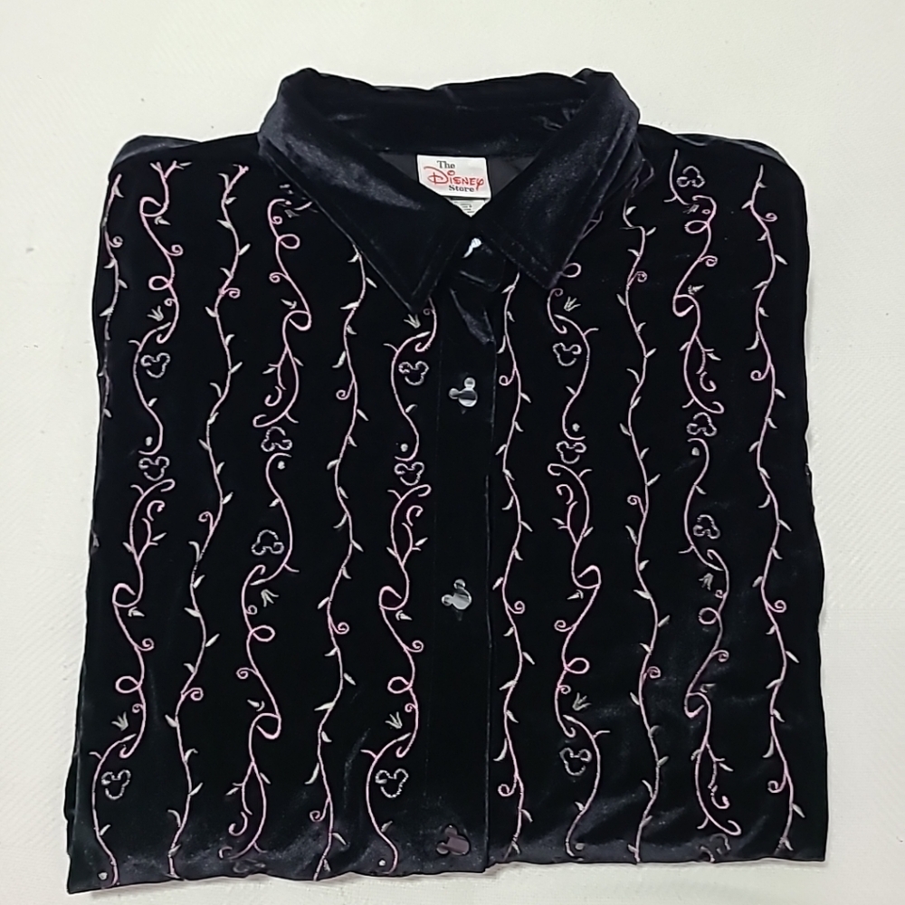 Disney Store Black Velvet Embroidered Mickey Mouse Floral Vine Button Up Shirt L